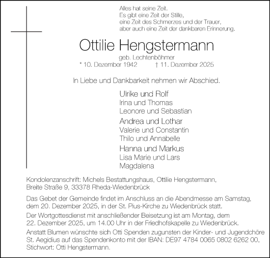 Traueranzeige von Ottilie Hengstermann von Die Glocke