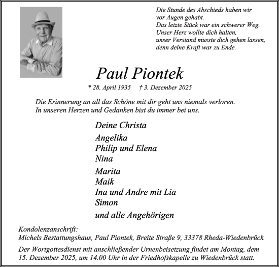 Traueranzeige von Paul Piontek von Die Glocke