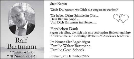 Traueranzeige von Ralf Bartmann von Die Glocke