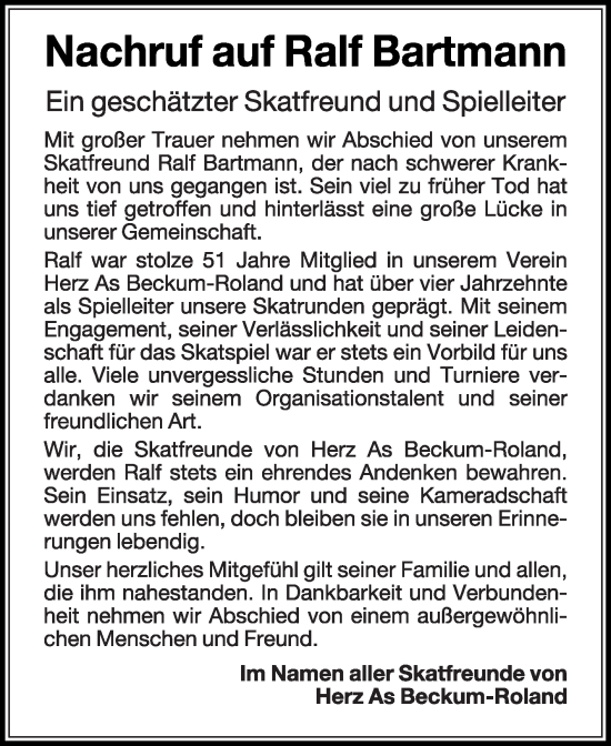 Traueranzeige von Ralf Bartmann von Die Glocke