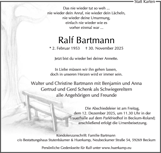 Traueranzeige von Ralf Bartmann von Die Glocke