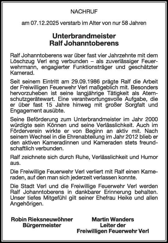 Traueranzeige von Ralf Johanntoberens von Die Glocke