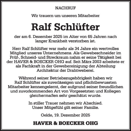 Traueranzeige von Ralf Schlüfter von Die Glocke