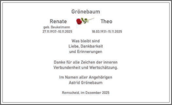 Traueranzeige von Renate Grönebaum von Die Glocke
