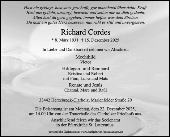 Traueranzeige von Richard Cordes von Die Glocke