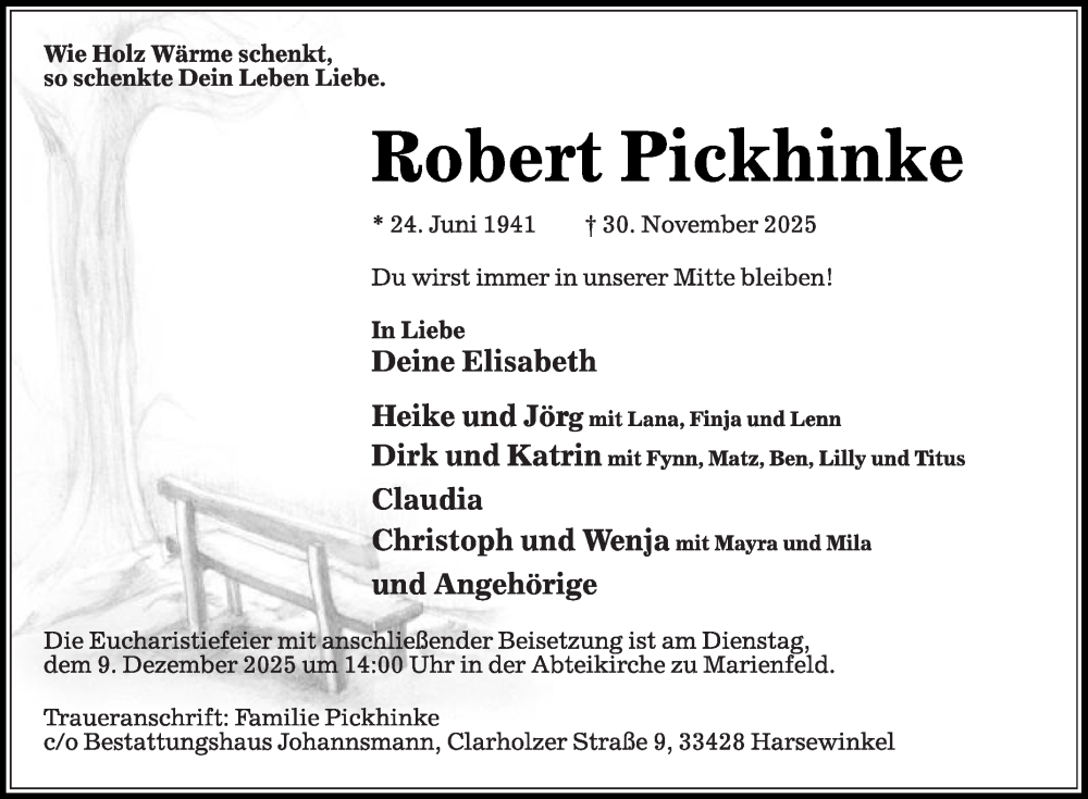  Traueranzeige für Robert Pickhinke vom 06.12.2025 aus Die Glocke
