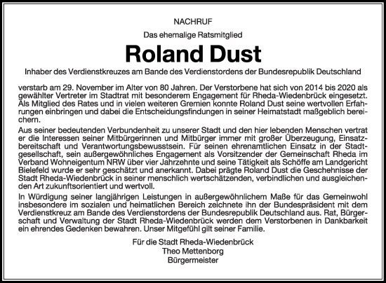 Traueranzeige von Roland Dust von Die Glocke