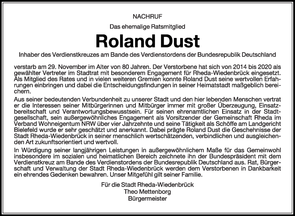  Traueranzeige für Roland Dust vom 10.12.2025 aus Die Glocke