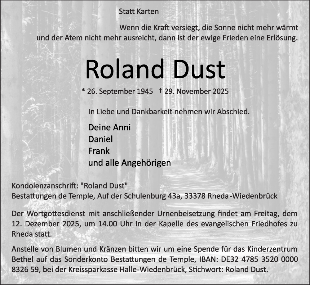  Traueranzeige für Roland Dust vom 06.12.2025 aus Die Glocke