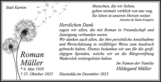 Traueranzeige von Roman Müller von Die Glocke