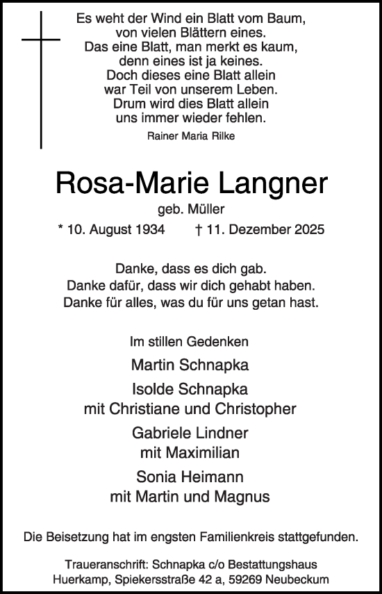 Traueranzeige von Rosa-Marie Langner von Die Glocke