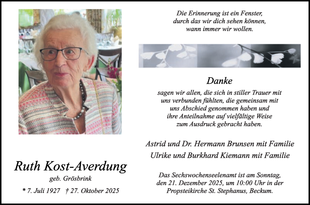  Traueranzeige für Ruth Kost-Averdung vom 13.12.2025 aus Die Glocke
