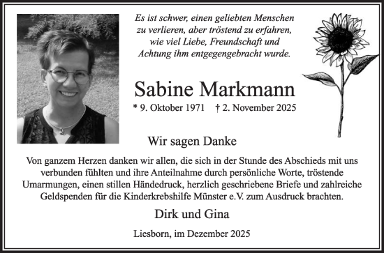 Traueranzeige von Sabine Markmann von Die Glocke