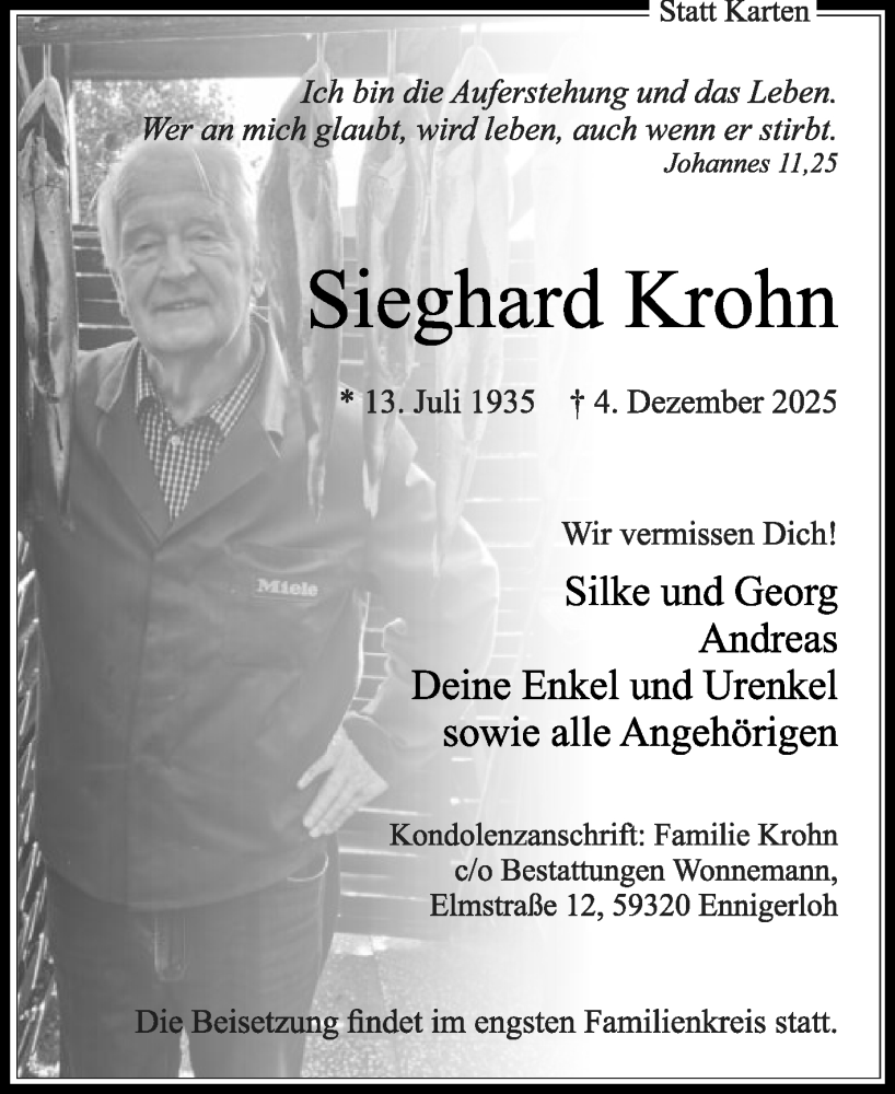  Traueranzeige für Sieghard Krohn vom 13.12.2025 aus Die Glocke