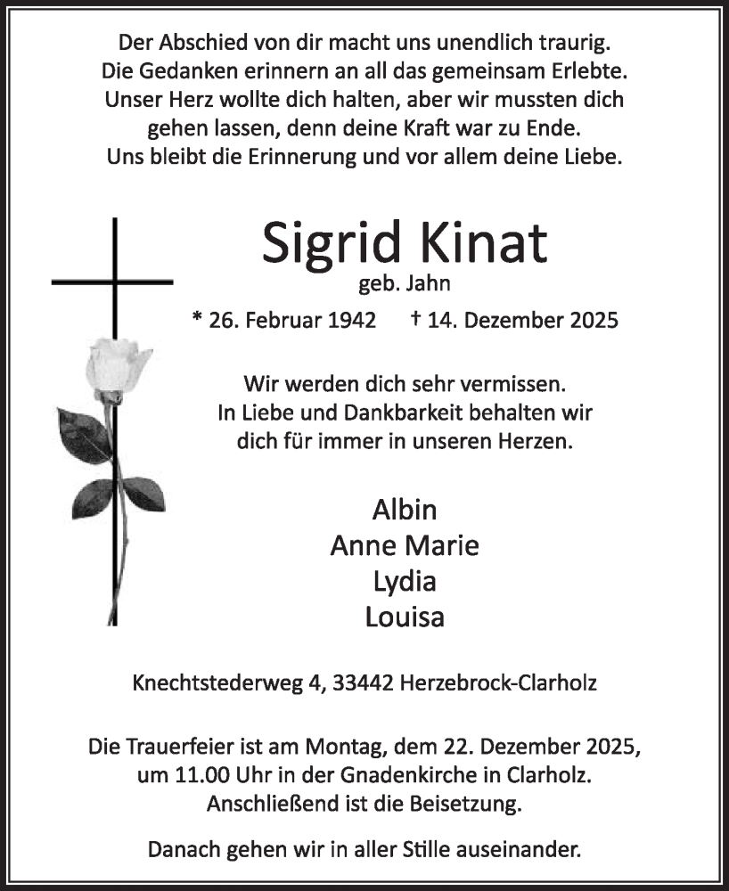  Traueranzeige für Sigrid Kinat vom 17.12.2025 aus Die Glocke