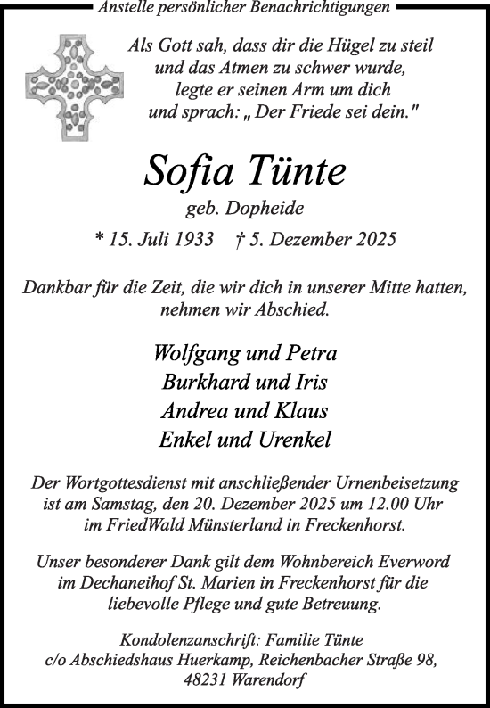 Traueranzeige von Sofia Tünte von Die Glocke
