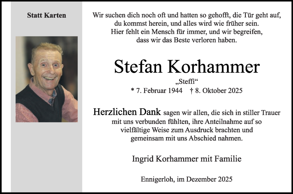  Traueranzeige für Stefan Korhammer vom 13.12.2025 aus Die Glocke