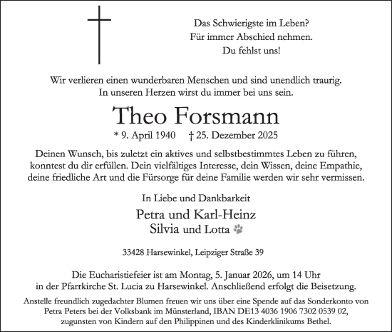Traueranzeige von Theo Forsmann von Die Glocke