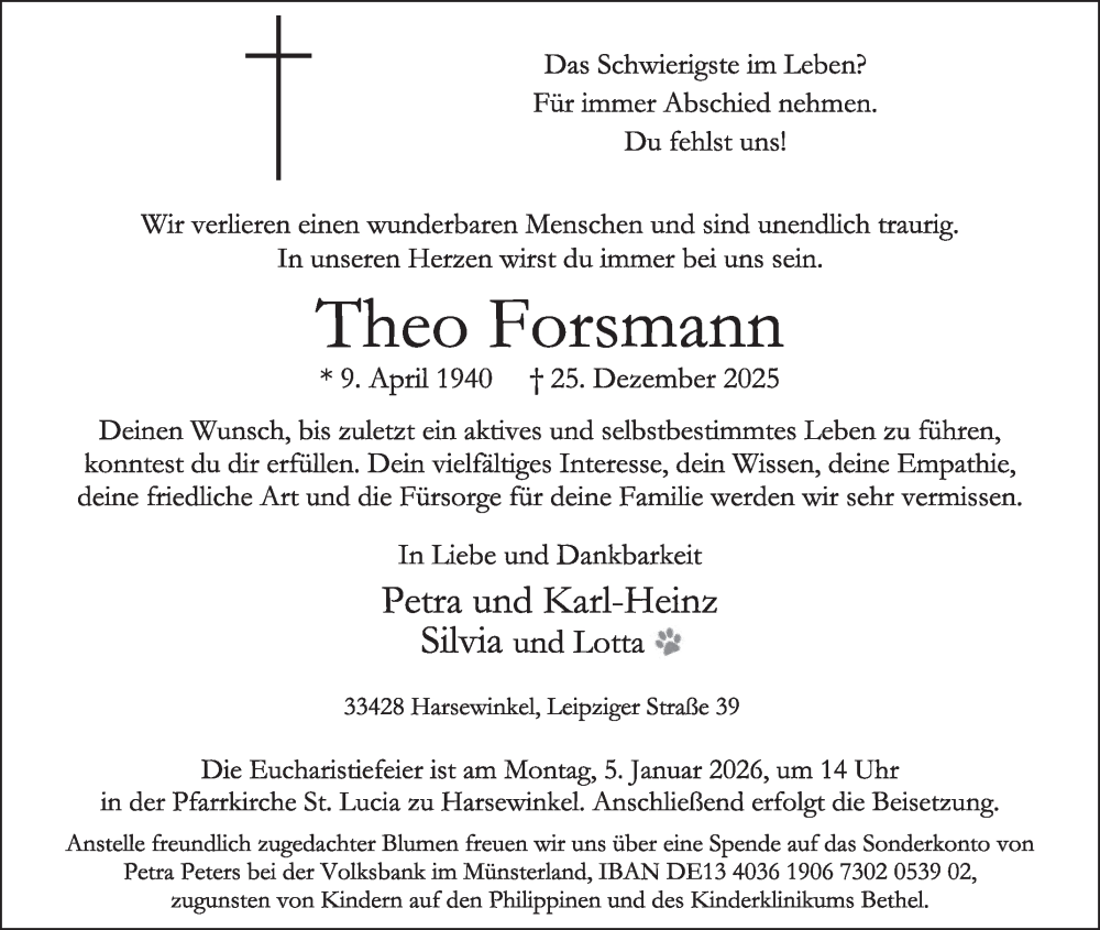  Traueranzeige für Theo Forsmann vom 31.12.2025 aus Die Glocke