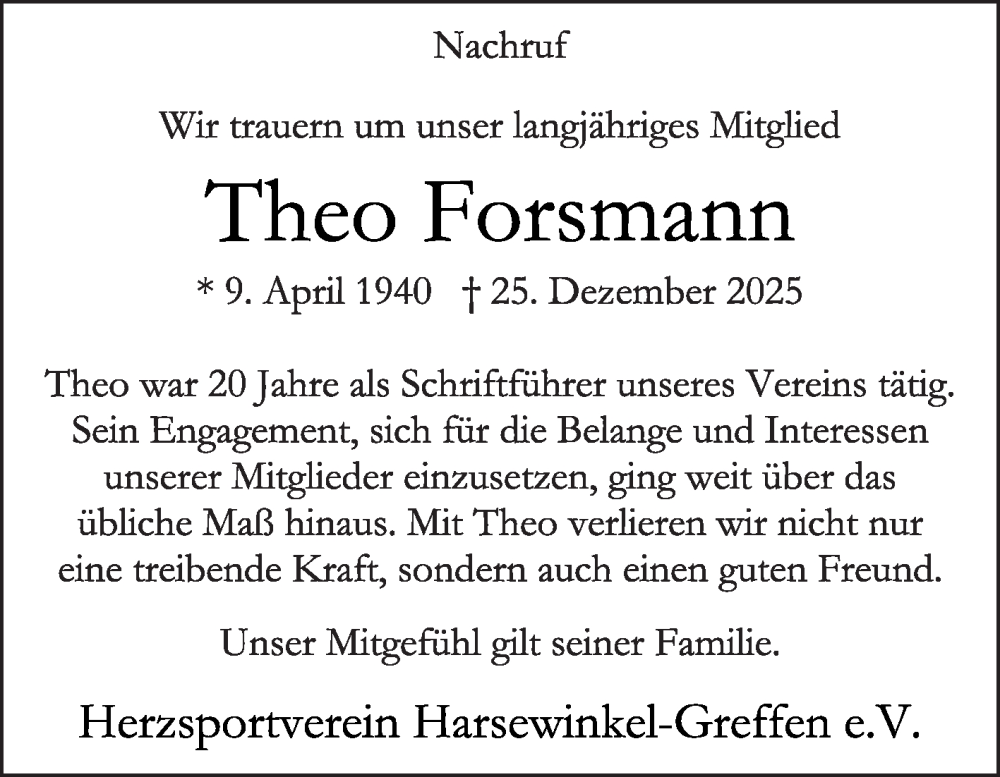  Traueranzeige für Theo Forsmann vom 31.12.2025 aus Die Glocke