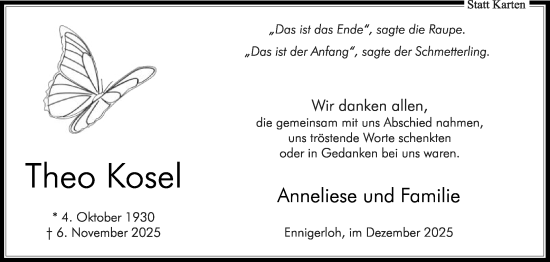Traueranzeige von Theo Kosel von Die Glocke