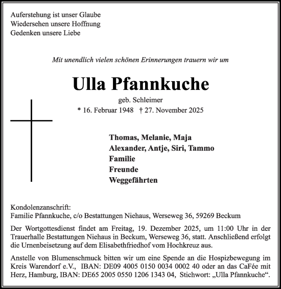 Traueranzeige von Ulla Pfannkuche von Die Glocke
