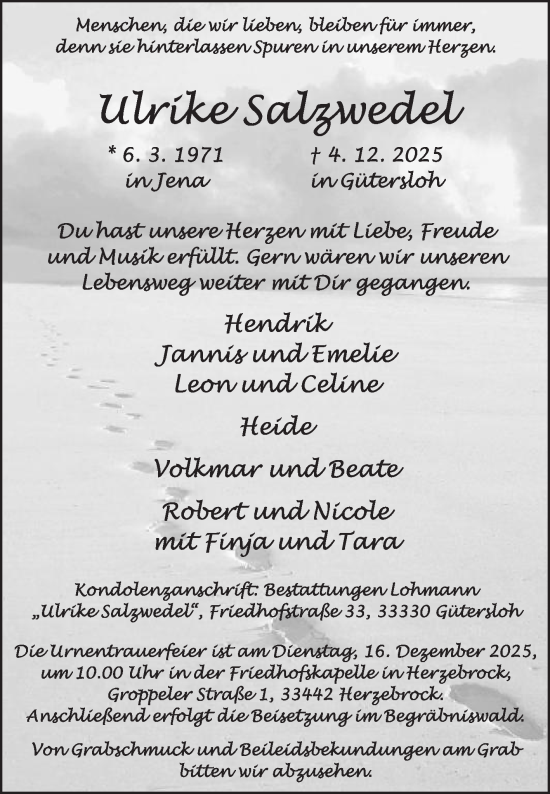 Traueranzeige von Ulrike Salzwedel von Die Glocke