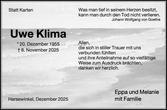 Traueranzeige von Uwe Klima von Die Glocke