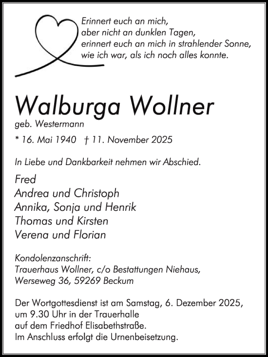 Traueranzeige von Walburga Wollner von Die Glocke