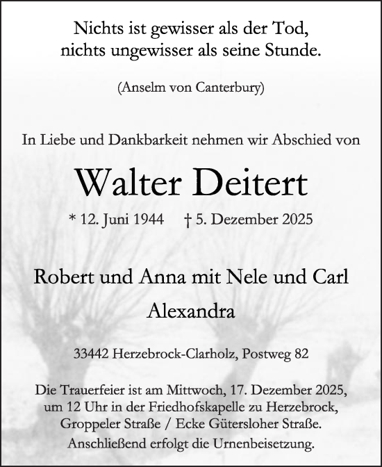 Traueranzeige von Walter Deitert von Die Glocke