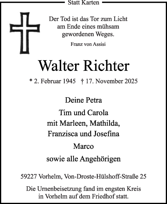 Traueranzeige von Walter Richter von Die Glocke