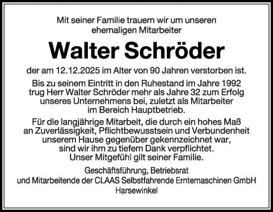 Traueranzeige von Walter Schröder von Die Glocke