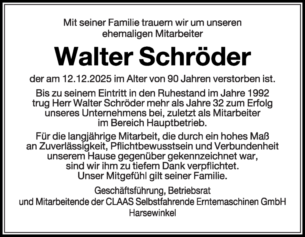  Traueranzeige für Walter Schröder vom 20.12.2025 aus Die Glocke