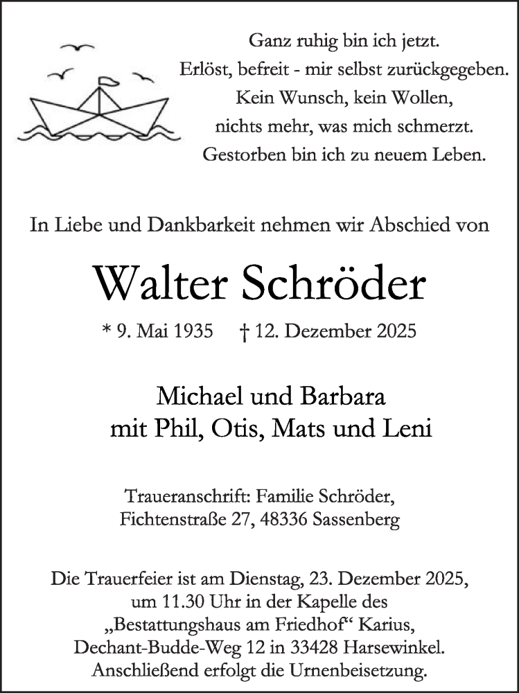  Traueranzeige für Walter Schröder vom 20.12.2025 aus Die Glocke