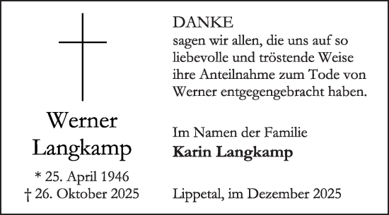 Traueranzeige von Werner Langkamp von Die Glocke