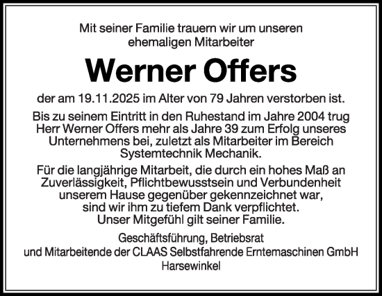 Traueranzeige von Werner Offers von Die Glocke
