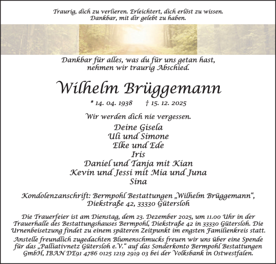 Traueranzeige von Wilhelm Brüggemann von Die Glocke
