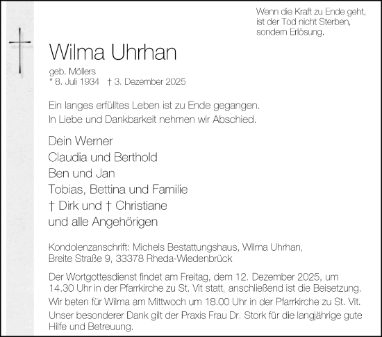 Traueranzeige von Wilma Uhrhan von Die Glocke