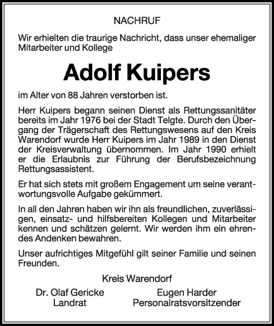 Traueranzeige von Adolf Kuipers von Die Glocke