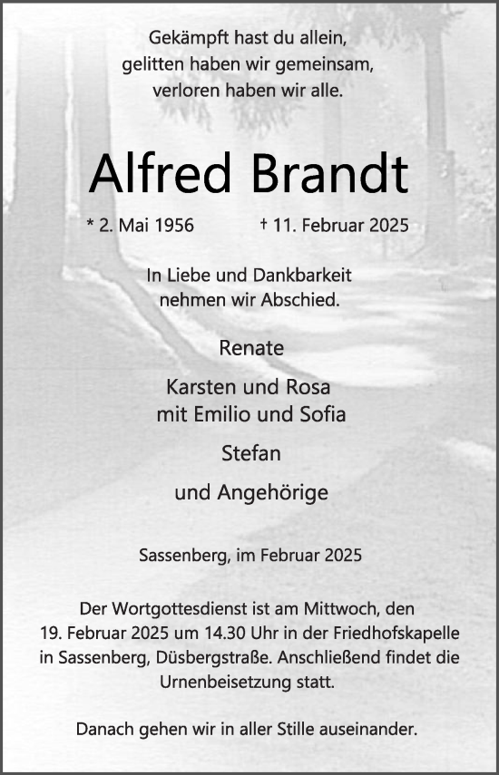 Traueranzeige von Alfred Brandt von Die Glocke
