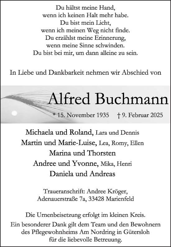 Traueranzeige von Alfred Buchmann von Die Glocke