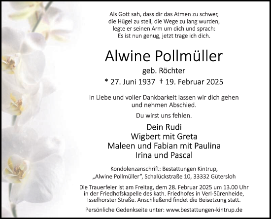 Traueranzeige von Alwine Pollmüller von Die Glocke