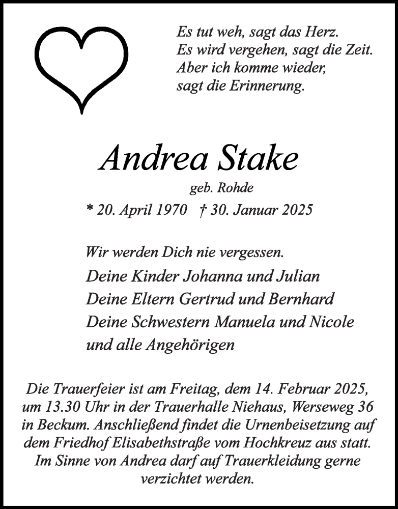  Traueranzeige für Andrea Stake vom 08.02.2025 aus Die Glocke