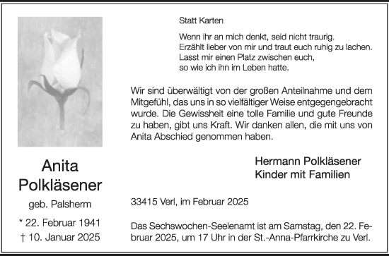 Traueranzeige von Anita Polkläsener von Die Glocke