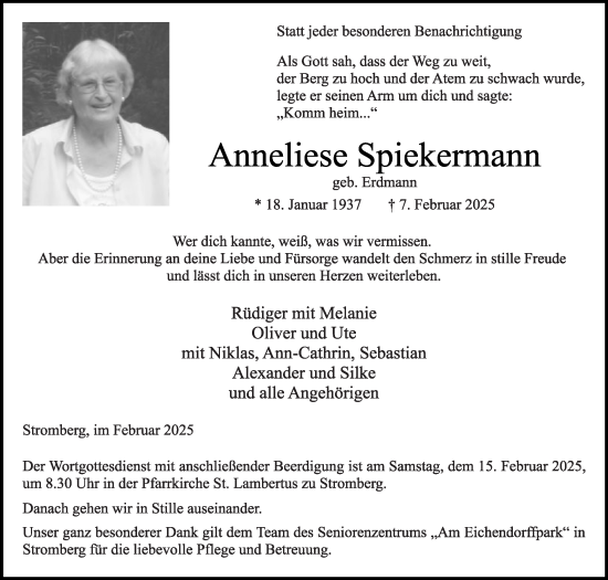 Traueranzeige von Anneliese Spiekermann von Die Glocke