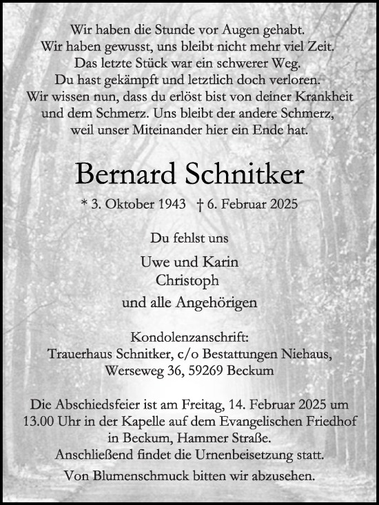 Traueranzeige von Bernard Schnitker von Die Glocke
