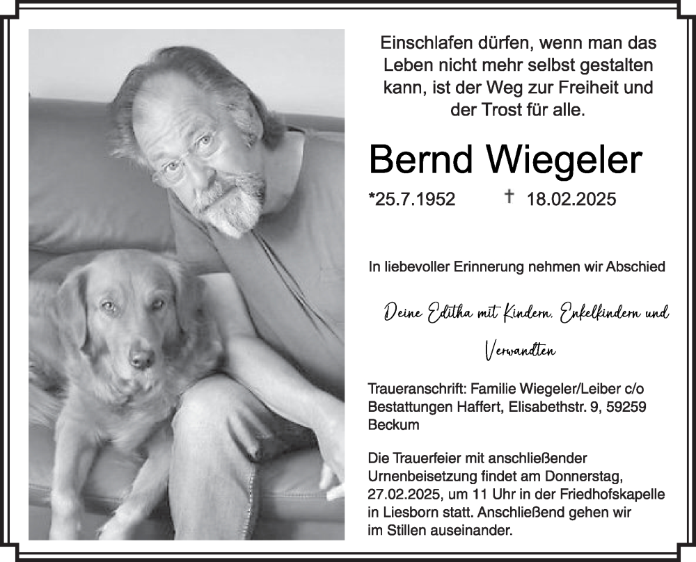  Traueranzeige für Bernd Wiegeler vom 22.02.2025 aus Die Glocke