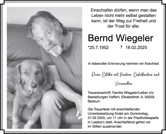 Traueranzeige von Bernd Wiegeler von Die Glocke