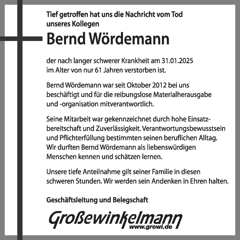  Traueranzeige für Bernd Wördemann vom 08.02.2025 aus Die Glocke