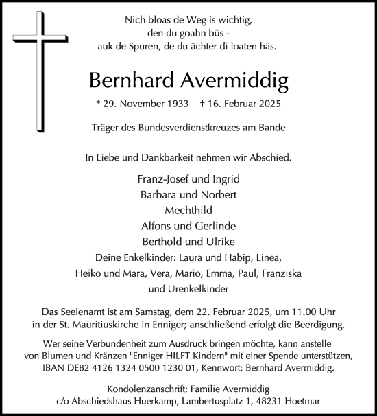 Traueranzeige von Bernhard Avermiddig von Die Glocke